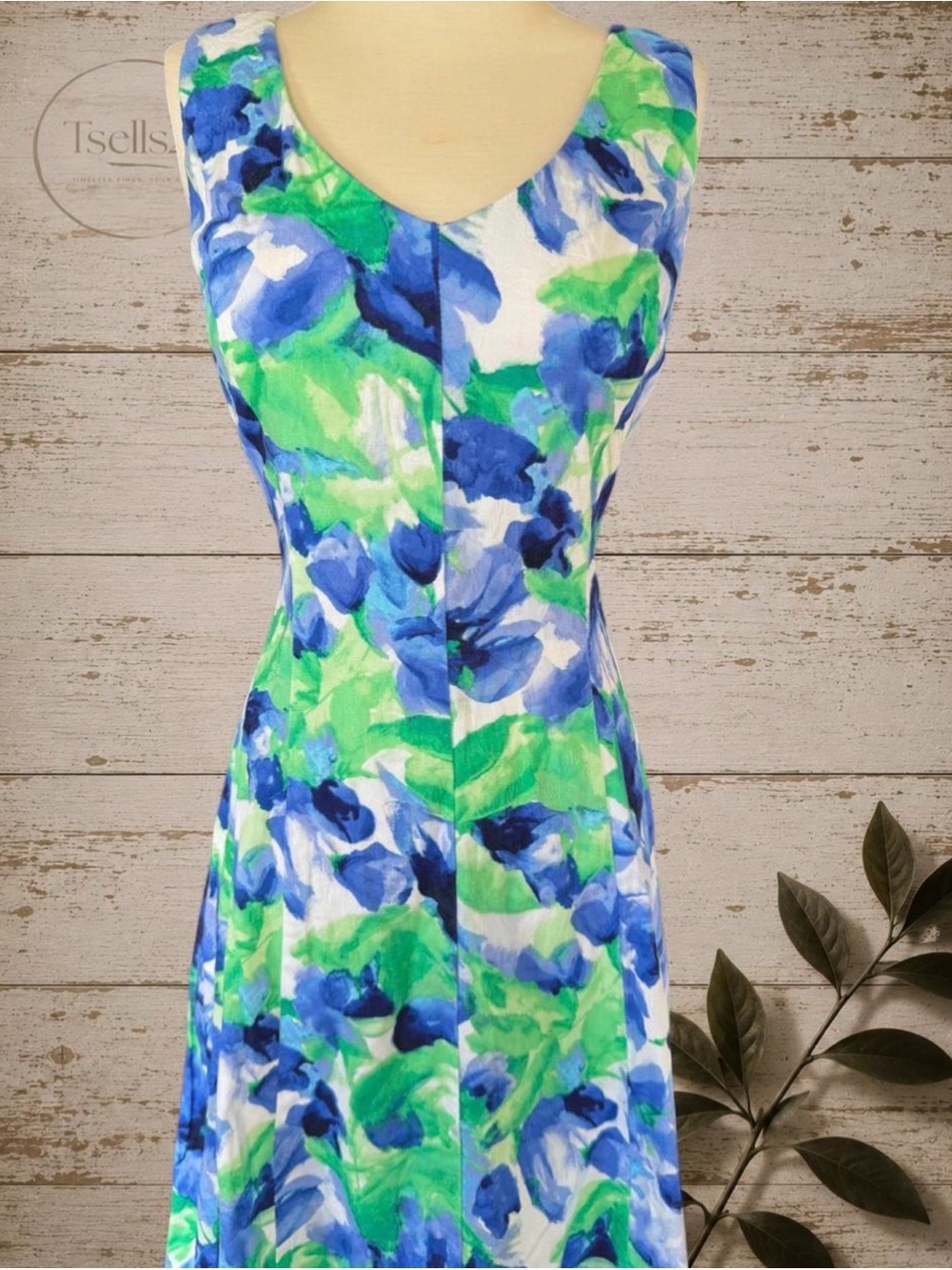 Chaps 98% Cotton Blue/Green Watercolor Floral Midi Dress - Picture 3 of 8